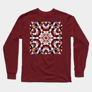 Brown, Blue and White Mosaic Mandala Flower Long Sleeve T-Shirt